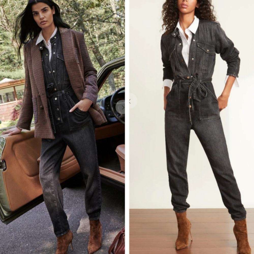 VERONICA BEARD Annie Cargo Denim Jumpsuit in Washed Onyx Black Size S - Picture 2 of 14